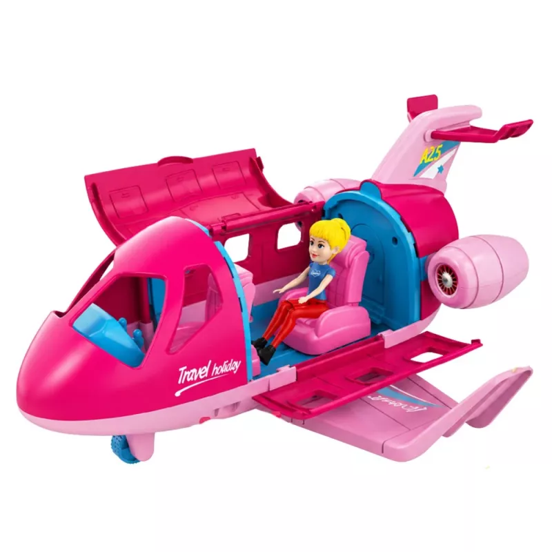 LEAN TOYS Sulankstomas lėktuvas lėlėms kelionių rinkinys su aksesuarais, rožinis, 9 vnt.