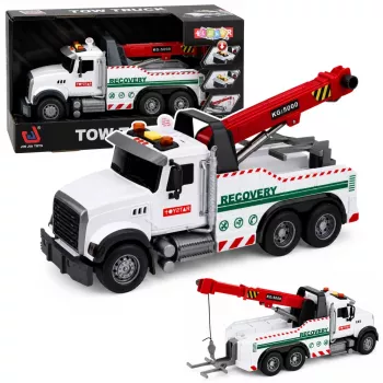 LEAN TOYS statybinis sunkvežimis su reguliuojamu kranu, šviesomis ir garsais, baltas 1:14