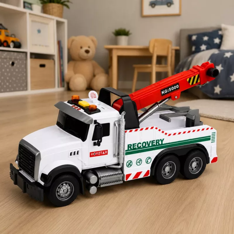 LEAN TOYS statybinis sunkvežimis su reguliuojamu kranu, šviesomis ir garsais, baltas 1:14