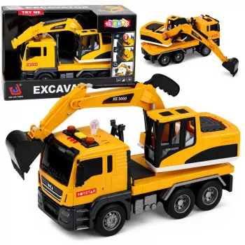 LEAN TOYS 1:14 nuotolinio valdymo ekskavatorius su judančiu kaušu, žibintais ir garsu – geltonas