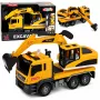 LEAN TOYS 1:14 nuotolinio valdymo ekskavatorius su judančiu kaušu, žibintais ir garsu – geltonas