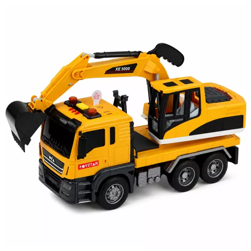 LEAN TOYS 1:14 nuotolinio valdymo ekskavatorius su judančiu kaušu, žibintais ir garsu – geltonas