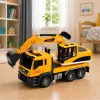 LEAN TOYS 1:14 nuotolinio valdymo ekskavatorius su judančiu kaušu, žibintais ir garsu – geltonas