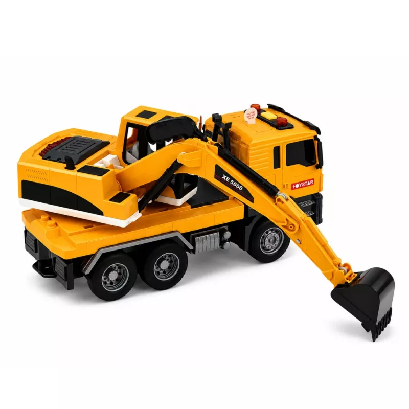 LEAN TOYS 1:14 nuotolinio valdymo ekskavatorius su judančiu kaušu, žibintais ir garsu – geltonas