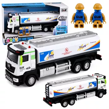 LEAN TOYS Metal Tank Truck su trinties pavara, šviesomis ir garsais, mėlynas ir baltas, 1:40 mastelis