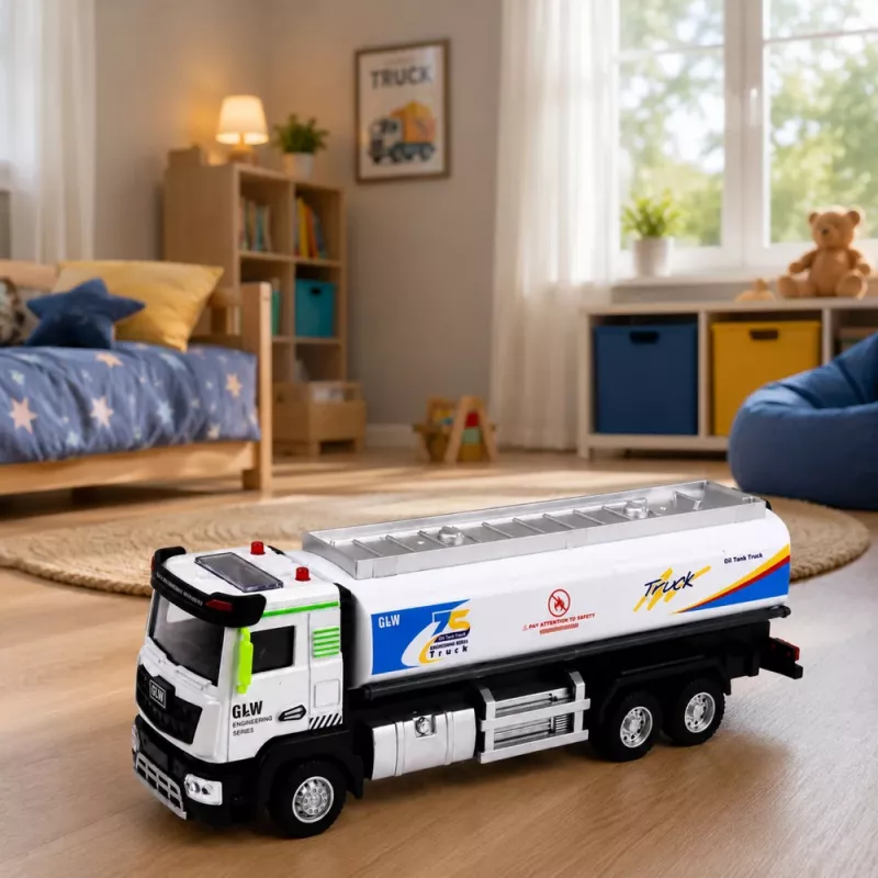 LEAN TOYS Metal Tank Truck su trinties pavara, šviesomis ir garsais, mėlynas ir baltas, 1:40 mastelis
