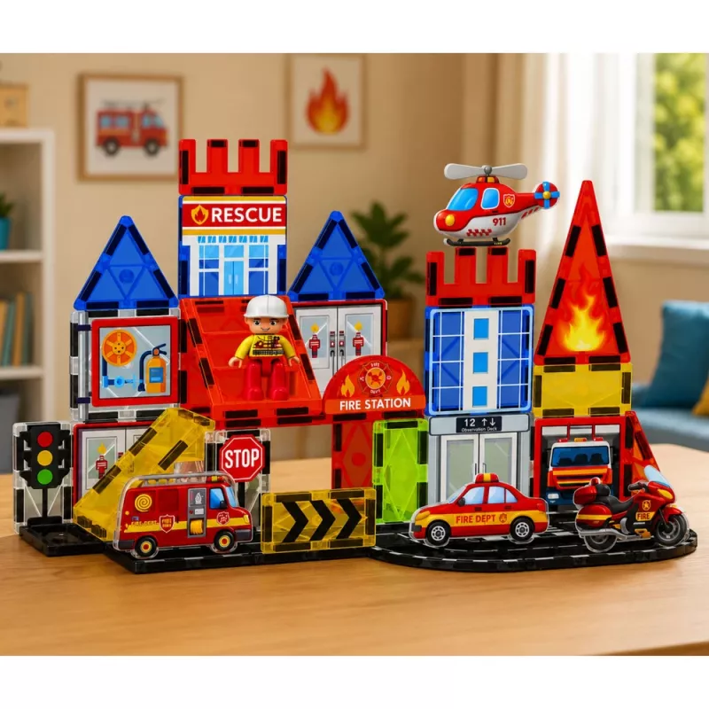 LEAN TOYS Magnetiniai konstrukciniai blokeliai Gaisrinė 42 dalys