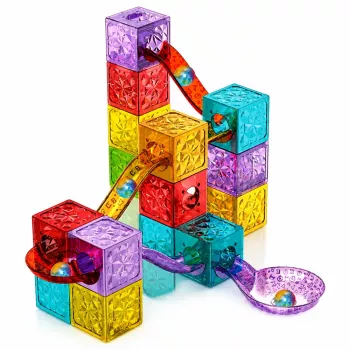 LEAN TOYS Magnetiniai konstrukciniai blokeliai kubeliai su kamuoliuko trasa spalvoti 28 vnt.