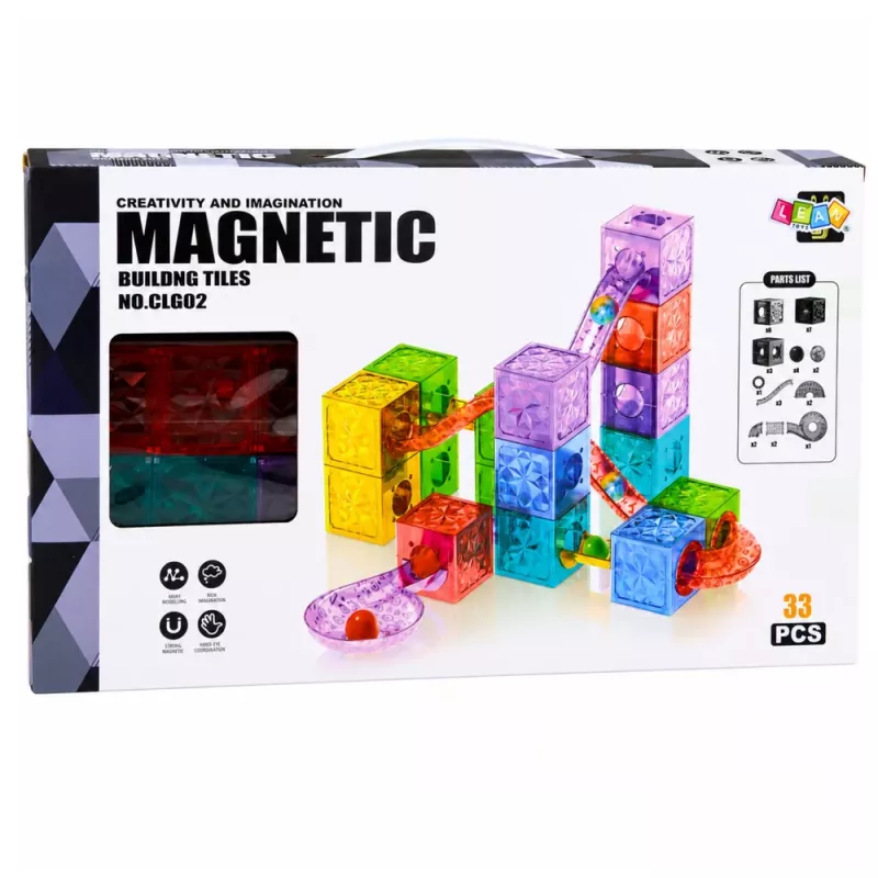LEAN TOYS Magnetiniai konstrukciniai blokeliai kubeliai su kamuoliuko trasa spalvoti 28 vnt.