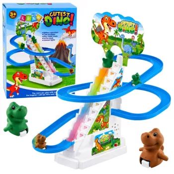 LEAN TOYS bėgių takelis su dinozaurais, čiuožykla, judančiais laiptais, figūrėlėmis, šviesomis ir garsais