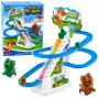LEAN TOYS bėgių takelis su dinozaurais, čiuožykla, judančiais laiptais, figūrėlėmis, šviesomis ir garsais