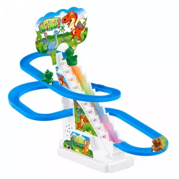 LEAN TOYS bėgių takelis su dinozaurais, čiuožykla, judančiais laiptais, figūrėlėmis, šviesomis ir garsais