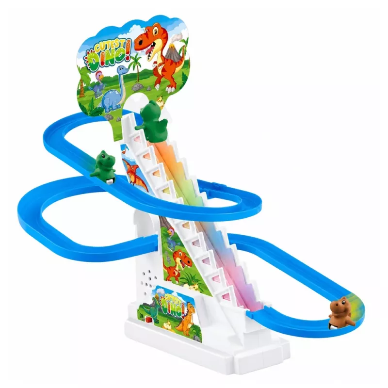 LEAN TOYS bėgių takelis su dinozaurais, čiuožykla, judančiais laiptais, figūrėlėmis, šviesomis ir garsais