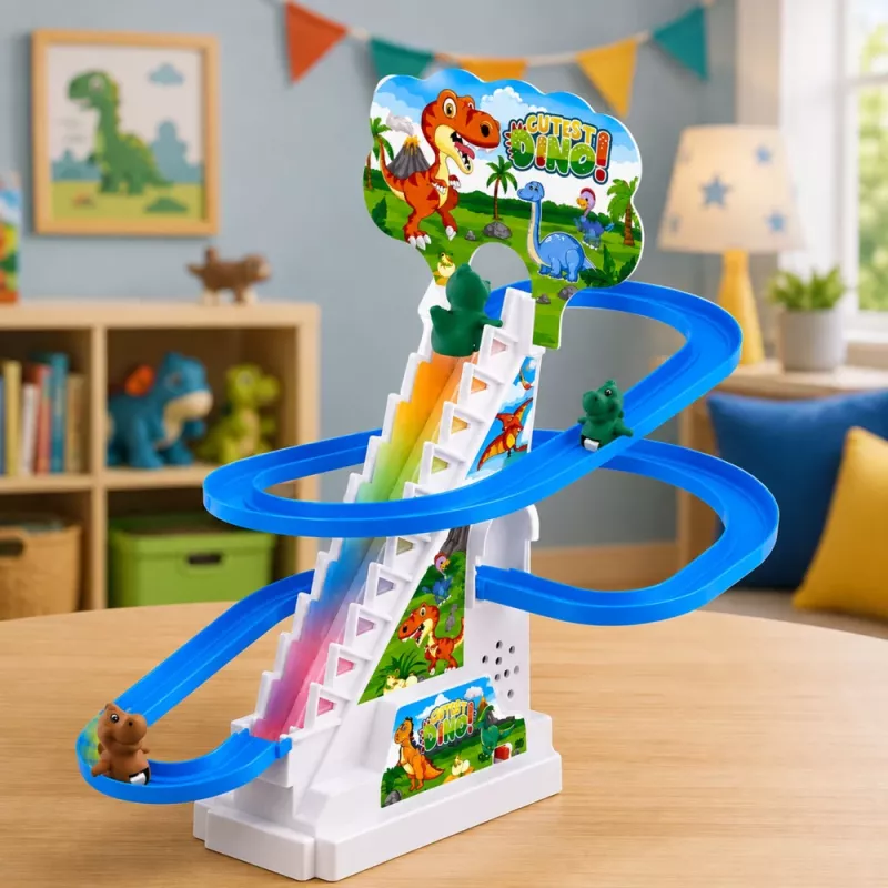 LEAN TOYS bėgių takelis su dinozaurais, čiuožykla, judančiais laiptais, figūrėlėmis, šviesomis ir garsais