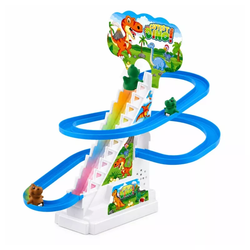 LEAN TOYS bėgių takelis su dinozaurais, čiuožykla, judančiais laiptais, figūrėlėmis, šviesomis ir garsais