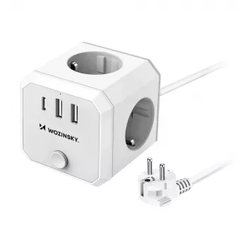 Wozinsky WKZ-3B 4 krypčių maitinimo kubas su 2 USB-A ir 1 USB-C, 4000 W, 1,8 m laidas, baltas