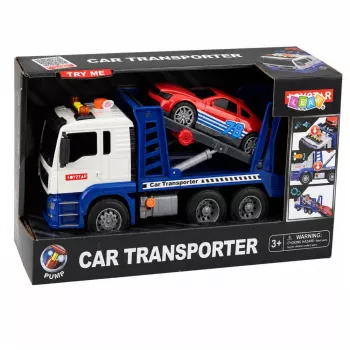 LEAN TOYS Lora vilkikas su automobiliu, važiavimo šviesomis ir garsais, mėlynas