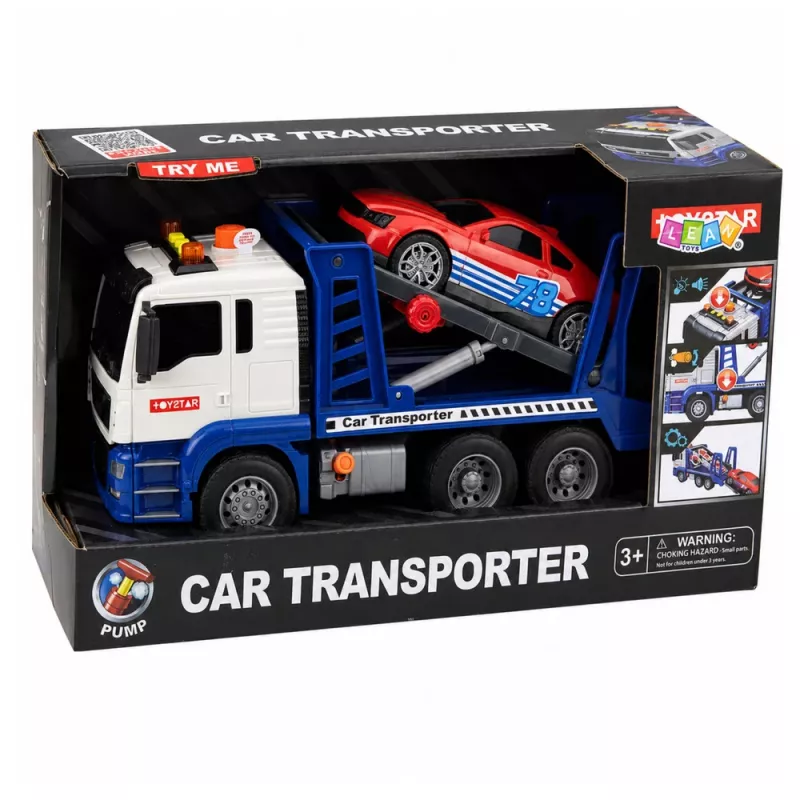 LEAN TOYS Lora vilkikas su automobiliu, važiavimo šviesomis ir garsais, mėlynas