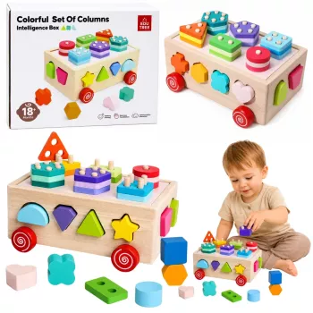 LEAN TOYS Medinis Montessori edukacinis rūšiuotuvas ant ratukų su formomis ir skaičiais