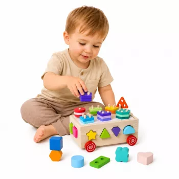 LEAN TOYS Medinis Montessori edukacinis rūšiuotuvas ant ratukų su formomis ir skaičiais