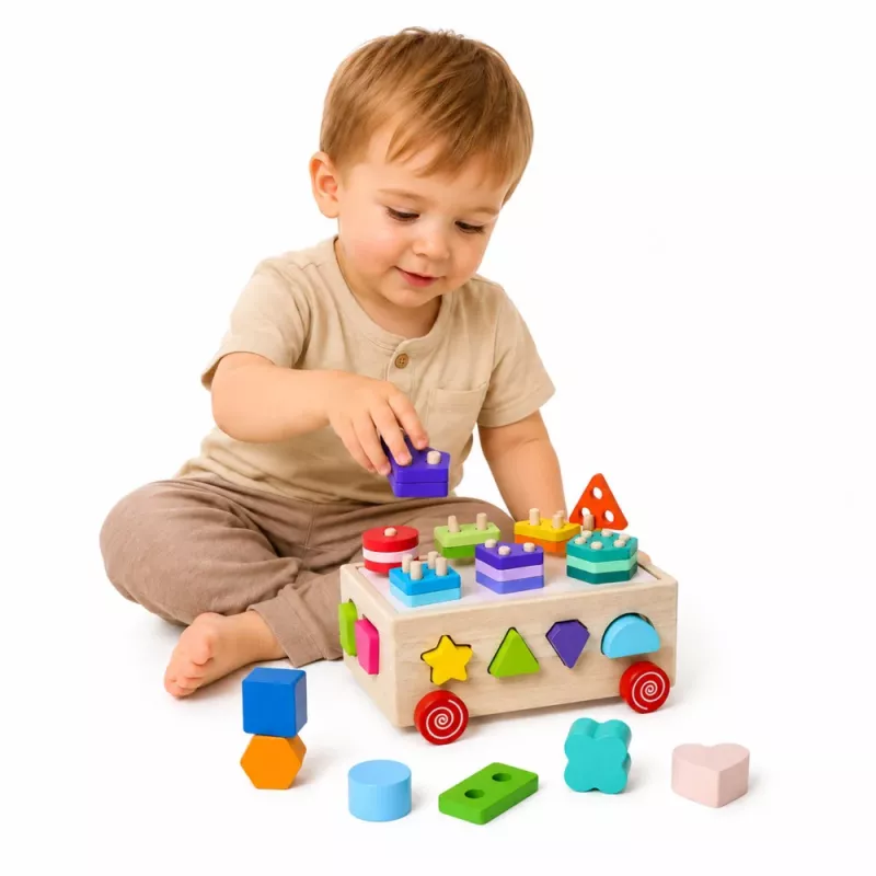 LEAN TOYS Medinis Montessori edukacinis rūšiuotuvas ant ratukų su formomis ir skaičiais