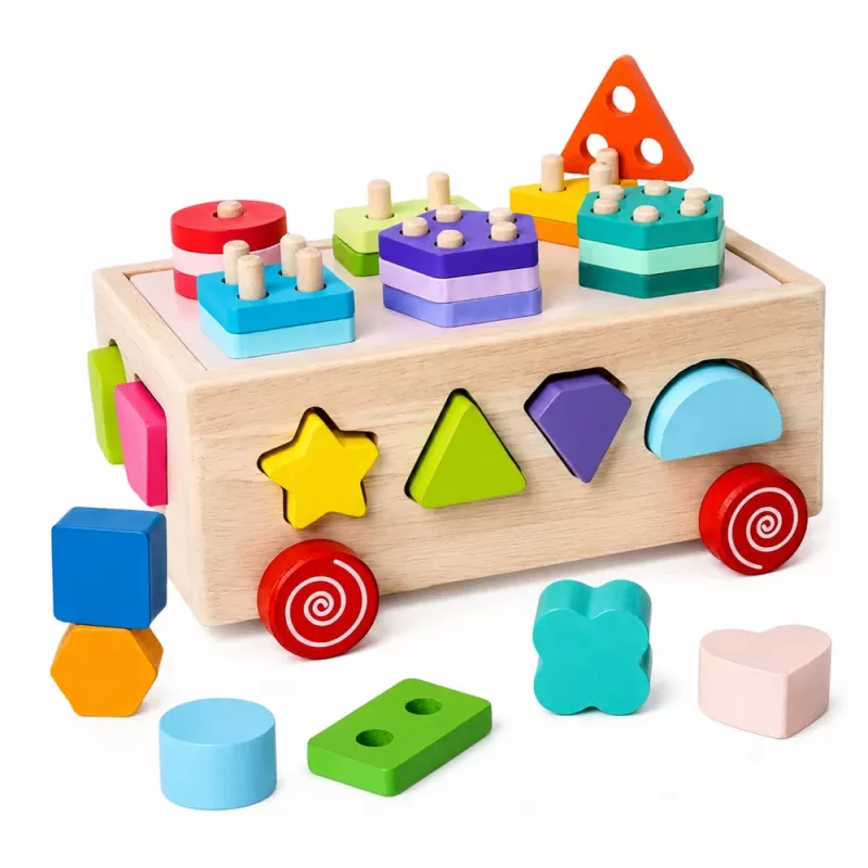 LEAN TOYS Medinis Montessori edukacinis rūšiuotuvas ant ratukų su formomis ir skaičiais