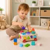 LEAN TOYS Medinis Montessori edukacinis rūšiuotuvas ant ratukų su formomis ir skaičiais