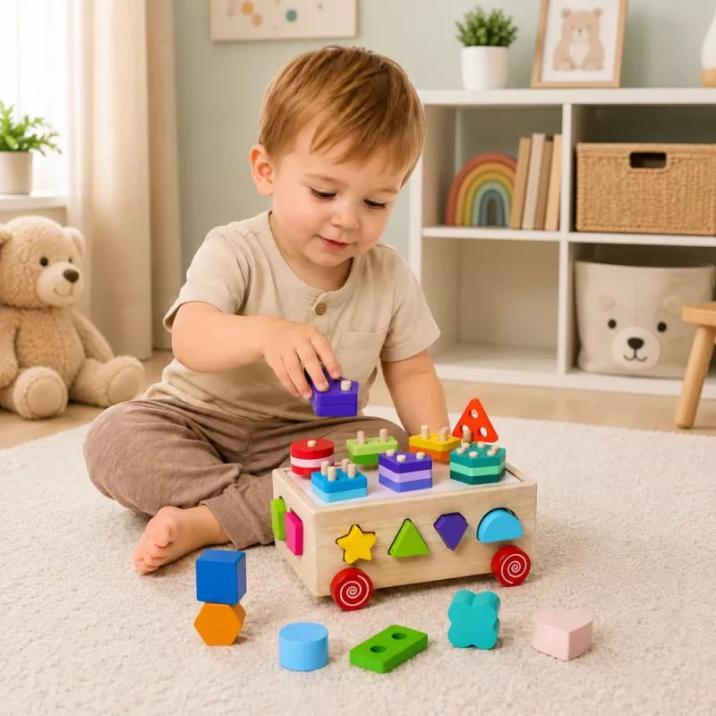 LEAN TOYS Medinis Montessori edukacinis rūšiuotuvas ant ratukų su formomis ir skaičiais