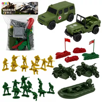 LEAN TOYS karinis rinkinys su kareiviais, transporto priemonėmis, karine baze ir bokštu - 46 vnt.