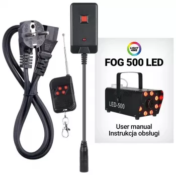 LIGHT4ME FOG 500 LED dūmų generatorius, 500 W, RGB LED, 0,5 L talpa, laidinis nuotolinio valdymo pultas