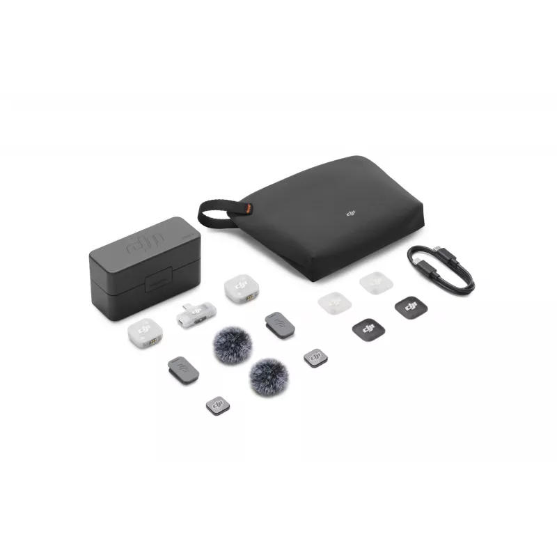 DJI Mic Mini 2 belaidė mikrofonų sistema (2 TX + 1 mobilus RX + įkrovimo dėklas), balta