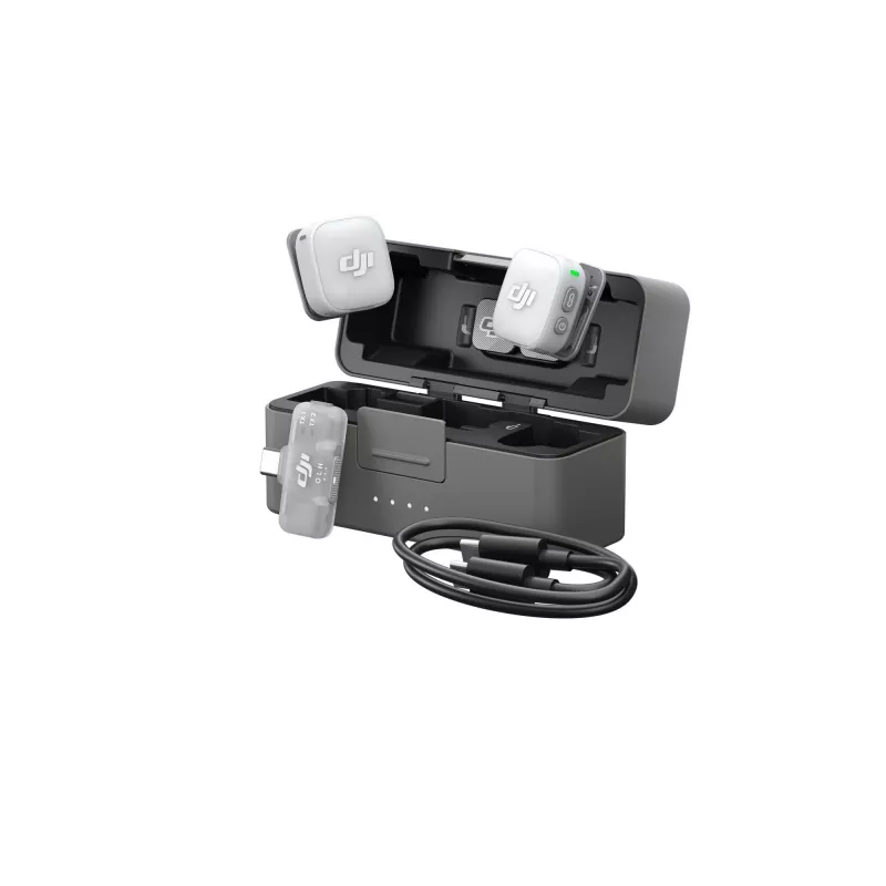DJI Mic Mini 2 belaidė mikrofonų sistema (2 TX + 1 mobilus RX + įkrovimo dėklas), balta