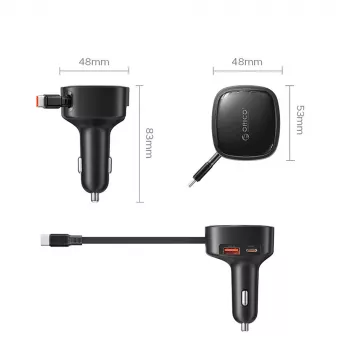 ORICO FC-66-1A2C 66W automobilinis įkroviklis su ištraukiamu USB-C laidu - juodas