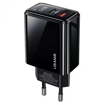 USAMS 20W dviejų prievadų USB-C PD3.0 + USB-A QC3.0 sieninis įkroviklis (EU kištukas, juodas)