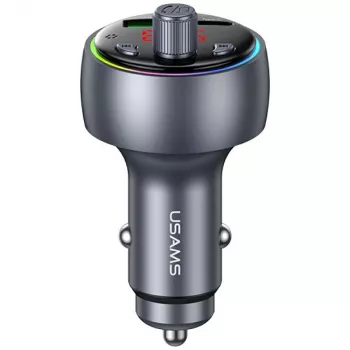 USAMS CC328 30W Bluetooth FM siųstuvas automobilio įkroviklis su USB-C PD ir USB-A QC3.0, laisvų rankų skambučiai, LED ekranas, juoda