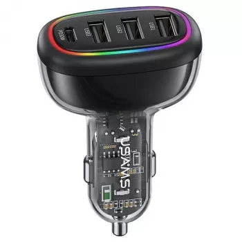 USAMS C34 48W PD greitas automobilinis įkroviklis su 1x USB-C ir 3x USB-A - juoda