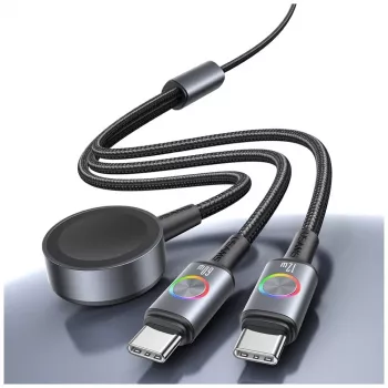 USAMS Huan Series 3-in-1 įkrovimo laidas su belaidžiu įkrovikliu 72W USB-C tamsiai pilkas