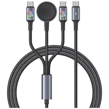 USAMS Huan Series SJ754 72W USB-C į USB-C laidas su integruotu magnetiniu belaidžiu išmaniojo laikrodžio įkrovikliu, juodas, 1,2 m