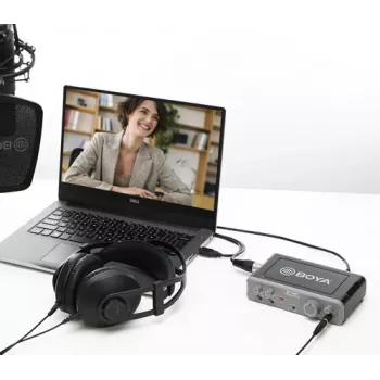 BOYA BY-AM1 2 kanalų USB-C garso sąsaja su XLR/TRS įėjimais, +48V fantominiu maitinimu ir tiesioginiu stebėjimu