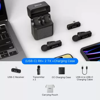 BOYA BY-V30 belaidė lavalier mikrofonų sistema USB-C įrenginiams, 2.4GHz, 50m atstumas, 9 val. baterija, triukšmo slopinimas, juoda