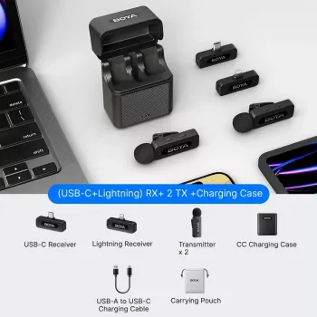 BOYA BY-V3 Combo 2.4GHz belaidė mikrofonų sistema su 2 siųstuvais ir 2 imtuvais (Lightning ir USB-C) - juoda
