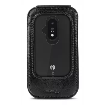 Doro Case L20/L30/2800/2820/2880/E20/E22/E30 - juodas PU odos atverčiamas dėklas su kortelių kišene ir stoveliu