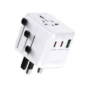 SBS Universal kelioninis adapteris su 2x USB-C PD 20W ir 1x USB-A QC 18W, 35W bendra galia, baltas