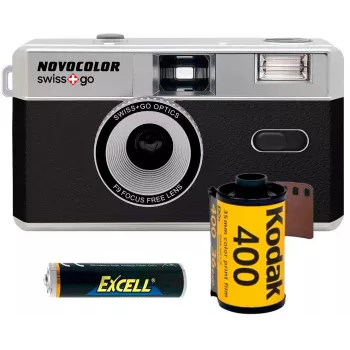Swiss+Go Novocolor 35 mm analoginės kameros rinkinys su blykste, dėklu, dirželiu ir Kodak filmu (SWI401608)