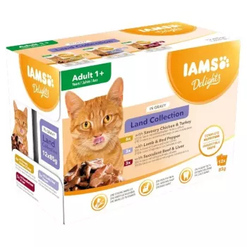 EUKANUBA IAMS DELIGHTS Land Collection šlapias kačių maistas su padažu, 12 x 85g pakeliai, suaugusioms katėms, vištiena, ėriena ir kalakutiena