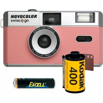 Swiss+Go Novocolor 35 mm analoginis fotoaparatas su blykste, rinkinys, rožinis (SWI401611)