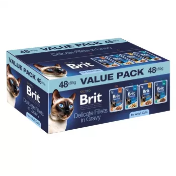 Brit Delicate Fillets padaže suaugusioms katėms - 48x85g multipaketas (vištiena, jautiena, kalakutiena, lašiša)