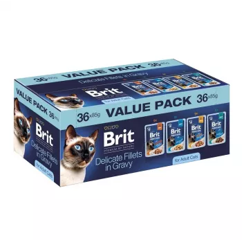 Brit Delicate Fillets in Gravy suaugusioms katėms - įvairi mėsa ir žuvis, 36 x 85 g maišeliai