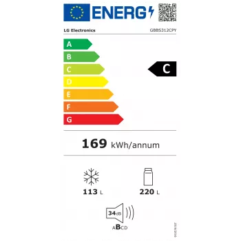 LG GBBS312CPY Laisvai pastatomas kombinuotas šaldytuvas-šaldiklis, Total No Frost, nerūdijančio plieno, C energijos klasė, 333L