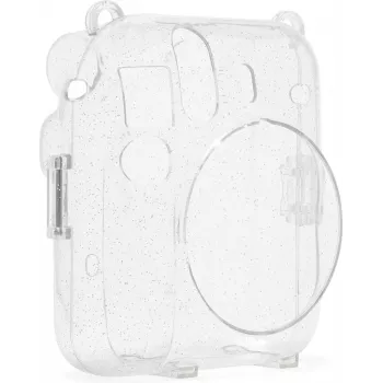 Fujifilm Instax Mini 12 blizgus dangtelis - skaidrus blizgus fotoaparato dėklas su reguliuojamu peties dirželiu, magnetiniu užsegimu, pritaikytu PU oda ir PVC apsauga, skirta Instax Mini 12
